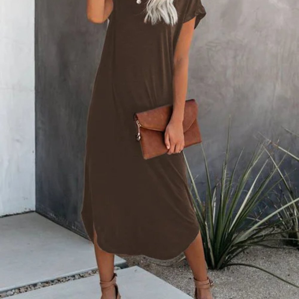 New Mislook Long Gray Dress V Neck Short Sleeves Lightweight Size L